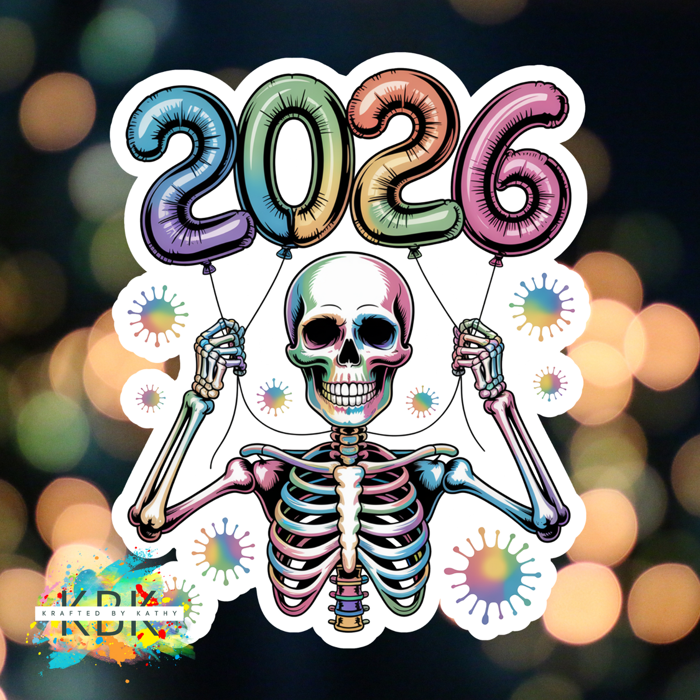 2026 Colorful Balloons Skeleton Sticker